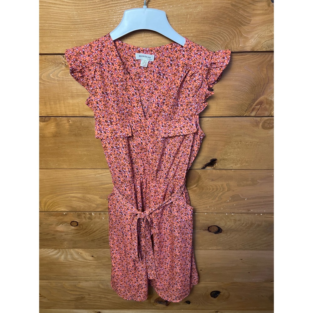 Monteau Orange Floral Flutter Sleeve Tie Waist Dress Large Pockets Mini Summer